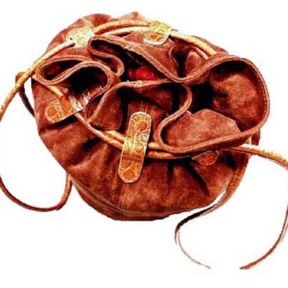 BUCKET BAG, SUEDE, SUSAN GAIL ITALY, CROCODILE EMBOSSED, 14 x 10 in., MATCHING - Picture 2 of 6